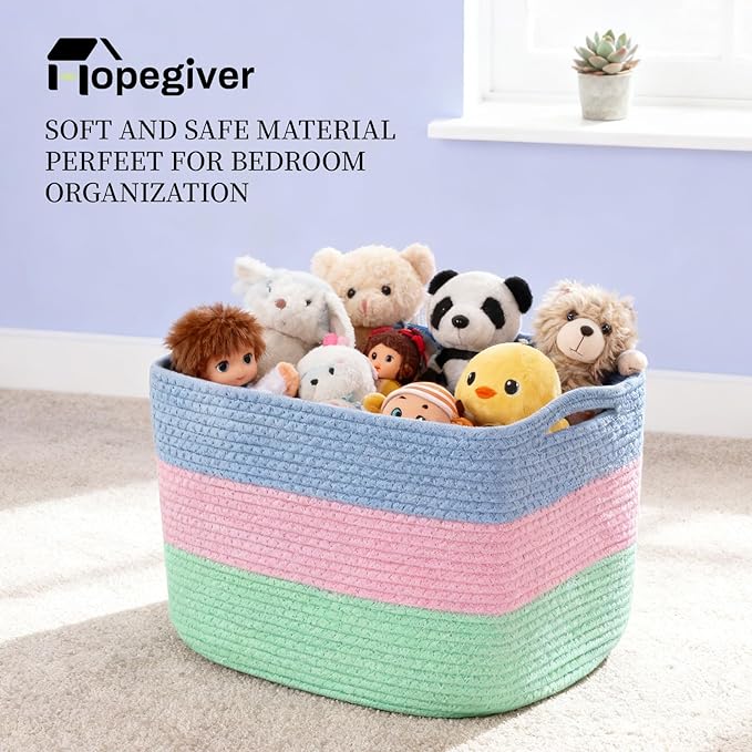 Hopegiver 3 Pack Storage Baskets for Organizing with Handle, Woven Baskets for Shelves - Durable Gift Basket for Cloth Toys Books Baby, Cotton Rope Basket for Dog Cat, 15x11x10 Inch(Blue&Pink&Green)