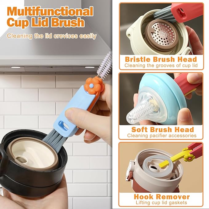 FANTEXY 3 in 1 Cup Lid Cleaning Brush Set, 3 Pieces Multifunctional Bottle Cleaning Brush, Bottle Cleaner Brush for Coffee Cups Lid Gap, Portable Cup Lid Cleaning Tools Cleaner Brush
