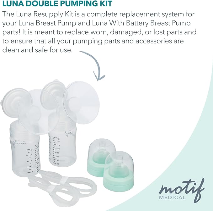 Motif Medical Luna Double Breast Pump Replacement Parts - Breast Pump Parts W/Bottles, Nipples, Tubing, Valves, Breast Shields (32mm), Diaphragms, Connectors & More - Safe Easy-to-Use Breast Pump Kit