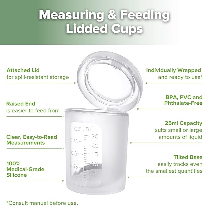 haakaa Silicone Measuring & Feeding Cup 25ml/2pcs(Pre-sterilised), Leakproof & Reusable, 3-in-1 Colostrum Collection Cup for Collect, Store & Feed, Include Cleaning Brush