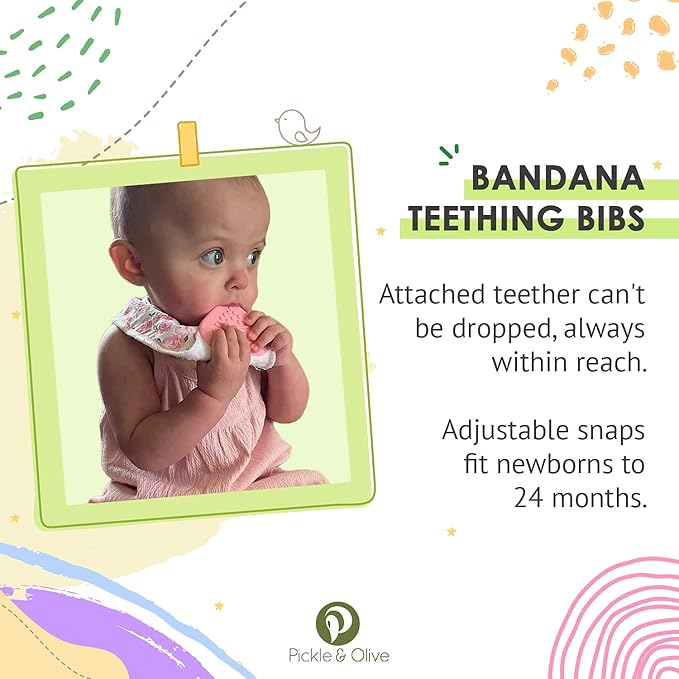 Baby Girl Bandana Teething Bibs - Attached Heart Teether - Set of 4 - Pink