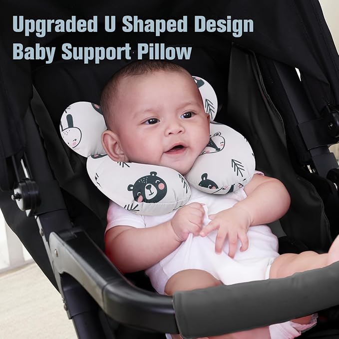 KAKIBLIN Baby Travel Pillow,Upgraded Baby Neck Pillows for Car Seat,Baby Support Pillow,Infant Neck Pillow for Toddler Head and Neck,Newborn Head Support for Car Seat,Pushchair (Black Bear)