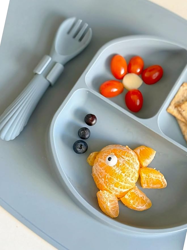 Modern Mini - Silicone Suction Plate for Baby and Toddler, Divided Plate with Fork & Spoon - Unbreakable, Non-Toxic, Food Grade Silicone, Strong Suction Grip, Spill Proof & Foldable for Travel!