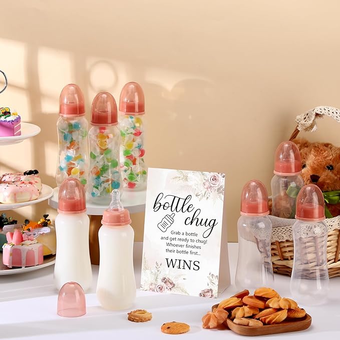 TrelaCo Cool Baby Shower Games Sets 12 Pcs Feeding Bottles with 1 Bottle Chug Sign for Gender Reveal Baby Shower Party Favors Decoration Games(Boho,Brown)