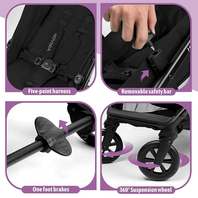 Lightweight Stroller, One-Hand Fold Compact Travel Stroller from Birth to 55 lbs, UPF 50+ Large Canopy & 5-Point Harness, Adjustable Reclining Seat- Black