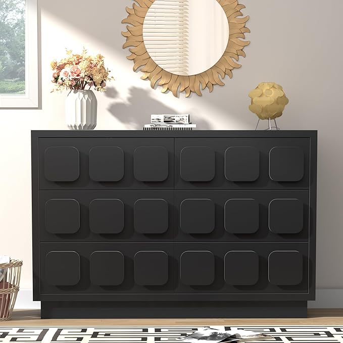 Anbuy Black Baby Dresser for Bedroom, Dresser for Baby with 6 Drawers, Storage and Organization Unit with Square Handles for Nursery, Kids Bedroom