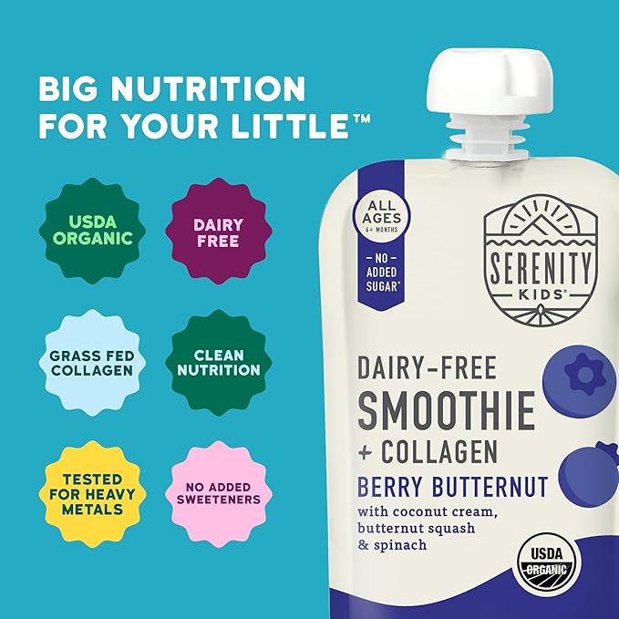 Serenity Kids 6+ Months Dairy-Free Smoothie Baby Food Pouch - USDA Organic & Grass-Fed Collagen Protein - Berry Butternut Flavor - Portable Toddler Snacks - 3.5 Oz, 12 Pack