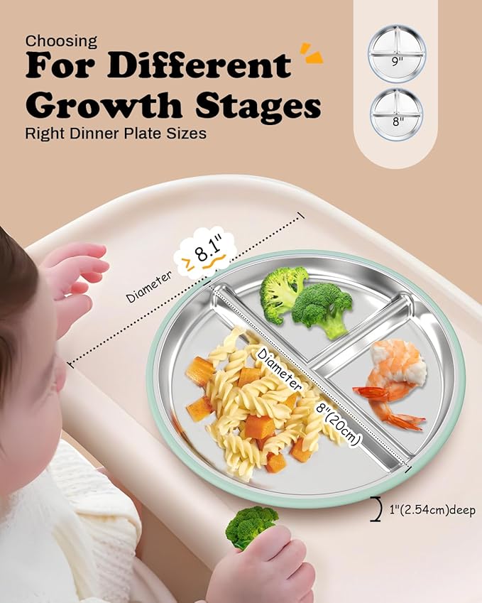 Stainless Steel Toddler Plate with Suction, 8” Divided Plates with Removable Silicone Sleeves for Baby, Non Toxic Unbreakable Kids Snack Dishes Set of 4, Sage Blue Beige Lilac