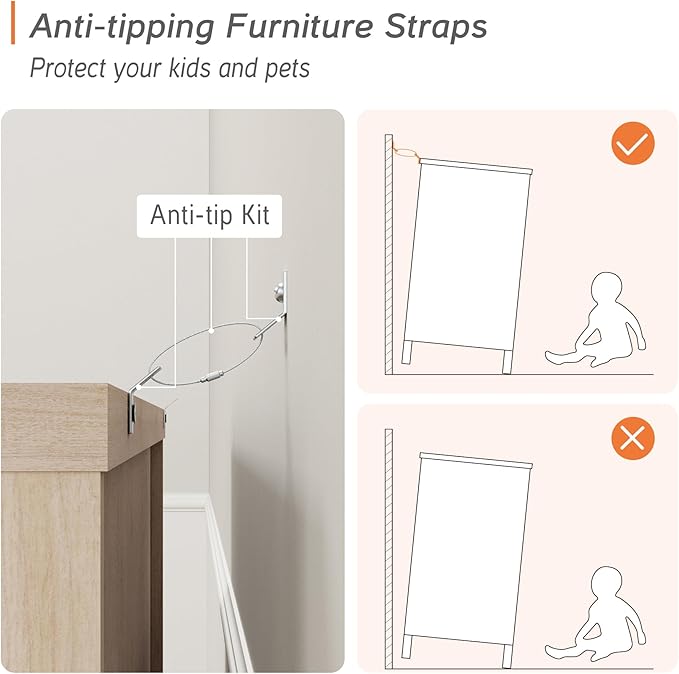 WAMPAT Dresser for Kids Bedroom with 5 Drawers and 2 Storage Cabinet, Nightstands with Charging Station, Mid Century Modern Baby Dressers with Wide Chest of Drawers for Nursery, Beige, 67 inch