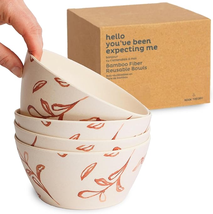 Nook Theory 4 Pack Bamboo Bowls - 22 Oz Reusable Toddler and Kids Bowl, Dishwasher Safe - Not Microwavable Bamboo Dishes (Wildflower)