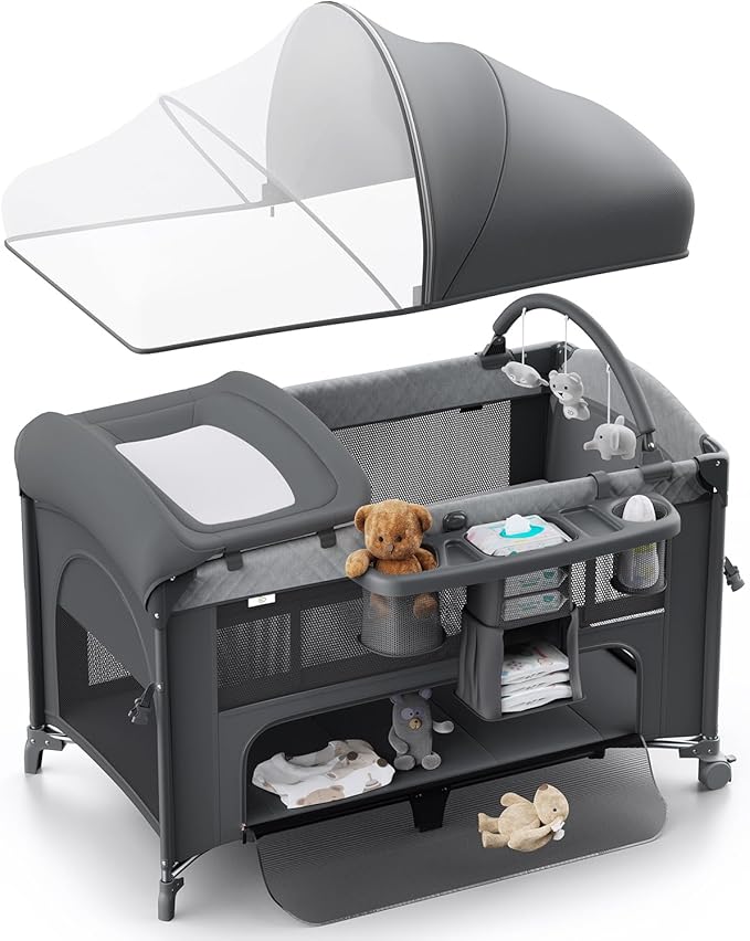 4 in 1 Baby Bassinet, Pack and Play, Bedside Crib Sleeper, Diaper Changer - Comes with Mattress, Mosquito Net, Bottom Storage and Toy Bar for Newborn to Toddles