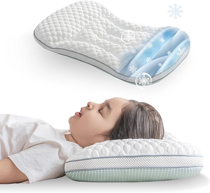 Reidio Toddler Pillows Double Sided Cooling Fabric & Breathable Mesh Kids Pillow Dual Heights Toddler Ergonomic Design Advanced Hose Filler Machine Washable (Blue Green, H2)