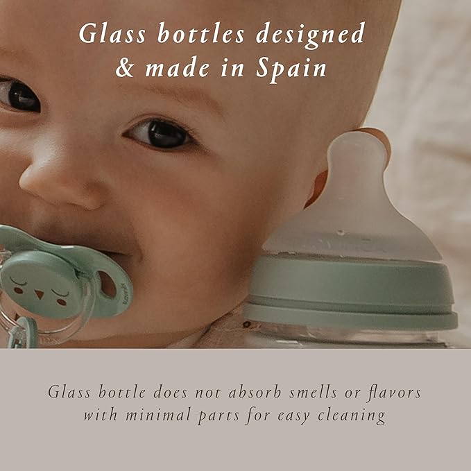 Suavinex Bonhomia Glass Baby Bottle with SX PRO Silicone Nipple, Anti Colic Baby Bottles, Baby Bottles for Breastfed Babies, 3 Pack, Mint/Beige