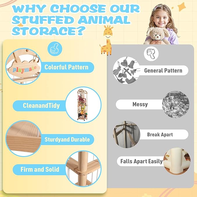 Large Stuffed Animal Storage Organizer, 61" High Premium Wooden Cute Zoo Toy Holder for Toddler Rooms, Playrooms & Bedrooms