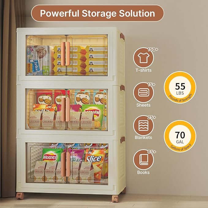 570Qt/140Gal Large Stackable Storage Bins with Lids and Divider, 3Pack Collapsible Drawers with Doors, Foldable Cabinet with Wheels, Plastic Closet Organizers and Containers for Home, Dorm