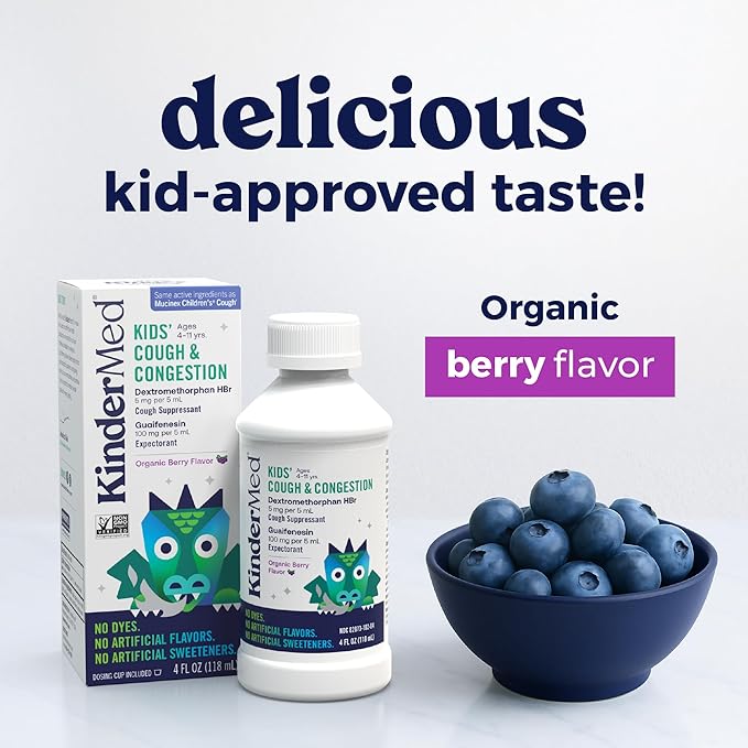 KinderMed Kids' Daytime Cough & Congestion Medicine, Ages 4-11 Years, No Dyes, No Artificial Flavors, No Artificial Sweeteners, Vegan, Non-GMO, Gluten Free, Organic Berry Flavor, 4 fl. oz (Pack of 2)