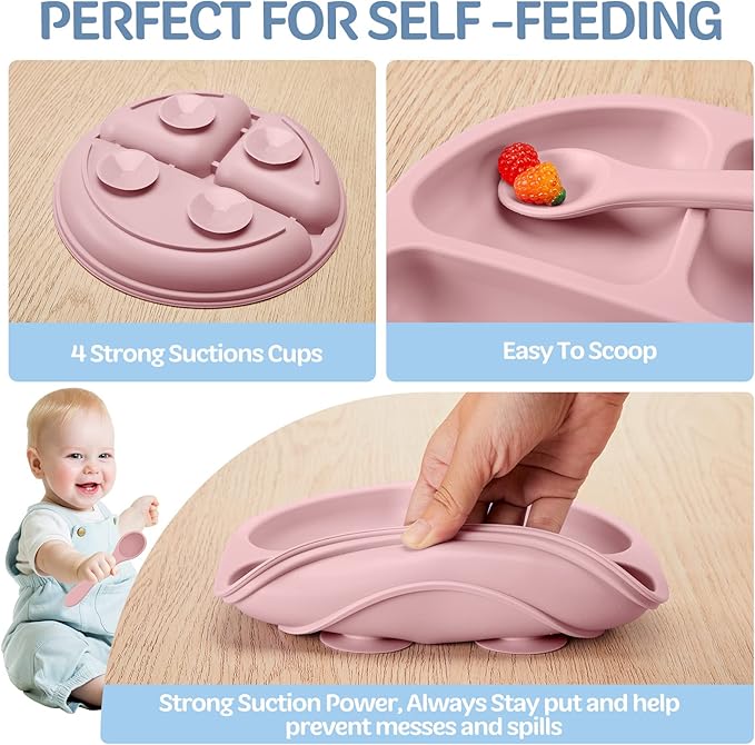 6 Pack Suction Plates for Baby with Spoon Fork Divided Toddler Plate with Suction Silicone Baby Self Feeding Set for Boys Girls (Dark Gray, Army, Dark Blue, Orange, Khaki, Pink)