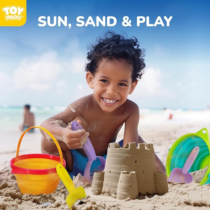 TOY Life 9 Pack Sand Buckets Toys Set with 3 Collapsible Beach Buckets 3 Shovels and 3 Rakes, Toddlers Beach Toys for Kids Ages 4-8 for Camping, Traveling, Fishing, Outdoor Summer Parties