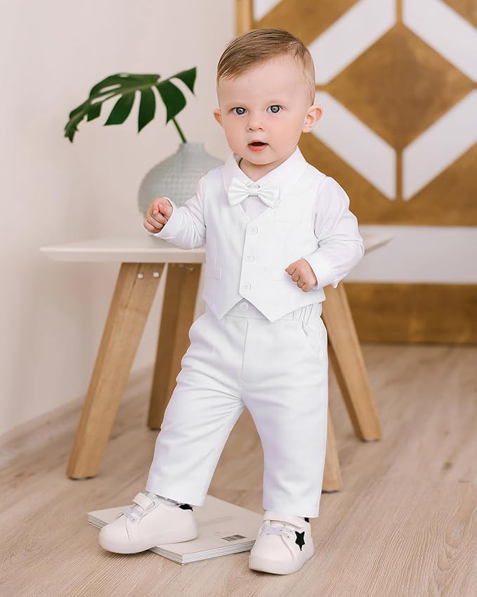 Baby Boy Clothes Suits Infant Gentleman Wedding Outfit Formal Dress Shirt Vest Bowtie Pants 4Pcs Baby Suit Sets