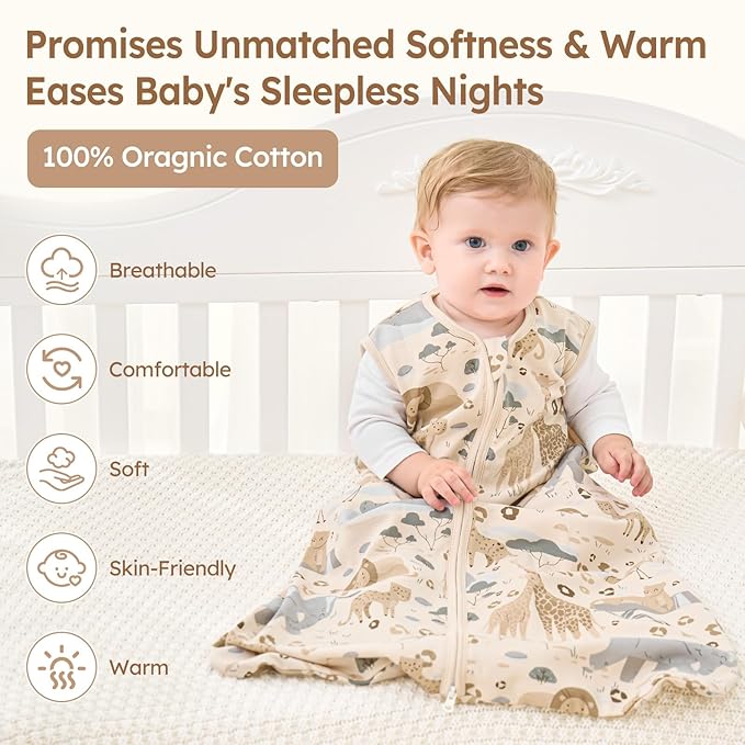 Baby Sleep Sack 12-18 Months 100% Cotton Lightweight 0.5 TOG Wearable Blanket Baby Sleep Bag with 2-Way Zipper for Infant Toddler Apricot Elephant