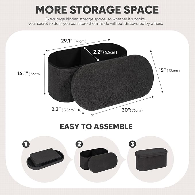 B FSOBEIIALEO Ottoman with Storage for Living Room, Sherpa Folding Storage Ottoman Foot Rest, 30 Inches Collapsible Bedroom Bench Dark Grey