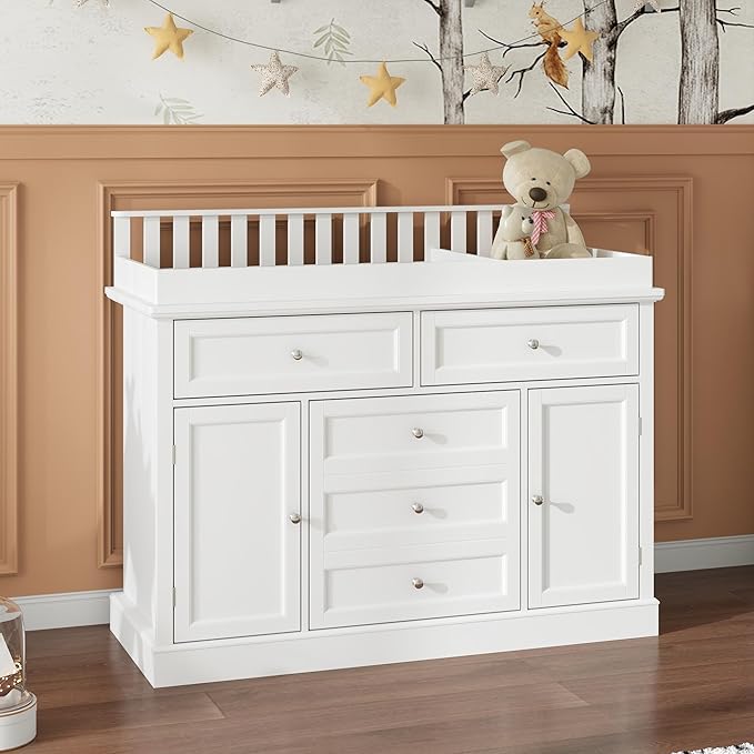Nursery Dresser with Changing Table Top, 46" W Baby Dresser with 2 Drawers, Laundry Basket & Raised Guard, Infant Diaper Changing Storage Organize Station for Nursery and Baby Bedroom, White