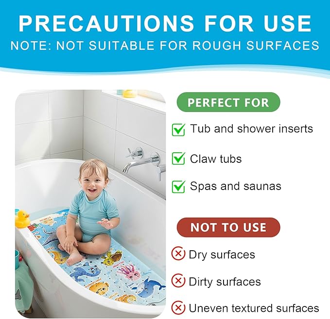 XIYUNTE Baby Bath Mat for Tub Non Slip Kids Bath Mat - 40"x16" Extra Long Bathtub Mat Non Slip Kids, Eco-Friendly Toddler Bath Mats with Suction Cups for Secure Grip, Easy to Clean & Easy Drying