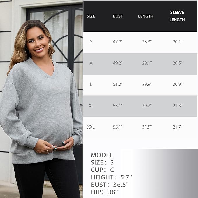 GINKANA Maternity Long Sleeve Shirts V Neck Sweatshirt Casual Tunic Tops Pregnancy Pullover with Pockets