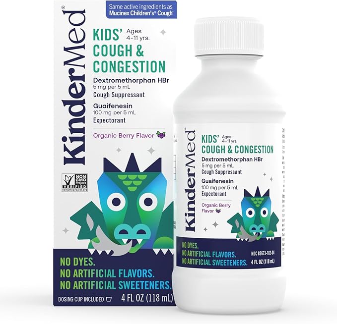 KinderMed Kids' Daytime Cough & Congestion Medicine, for Ages 4-11 Years, No Dyes, No Artificial Flavors, No Artificial Sweeteners, Vegan, Non-GMO, Gluten Free, Organic Berry Flavor (4 Fl Oz)