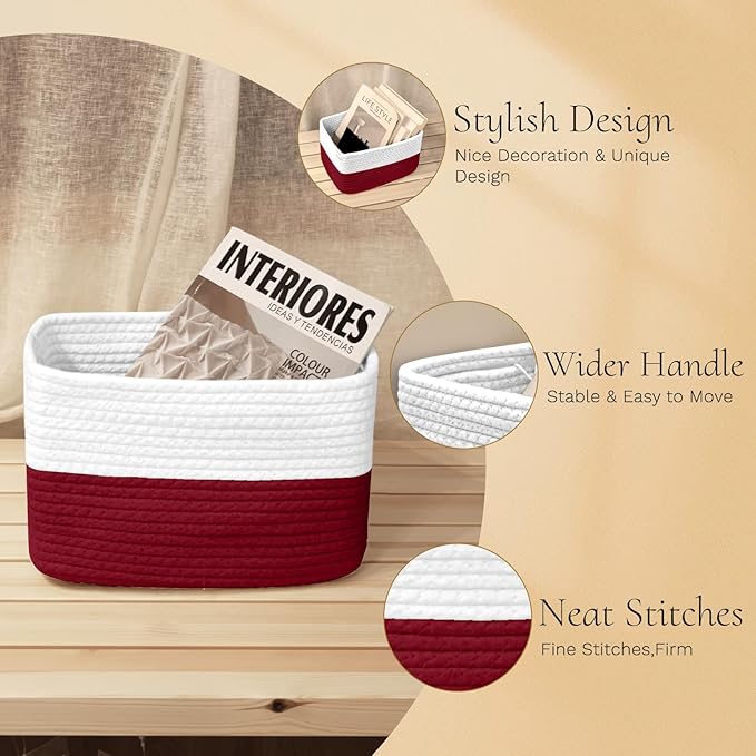 Hopegiver 3 Pack Storage Baskets for Organizing with Handle, Woven Baskets for Shelves - Durable Gift Basket for Cloth Toys Books Baby, Cotton Rope Basket for Dog Cat, 11x8x7 Inch(White&Red)