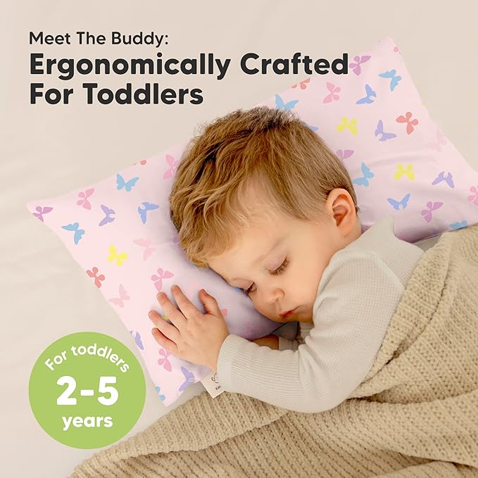 Toddler Pillow with Pillowcase - 10x18 My Little Dreamy Kids Travel Bed Pillows for Sleeping, Organic Cotton Small Pillowcase, Soft & Breathable, Machine Washable, Toddlers 2-5 Years Old (Flutter)