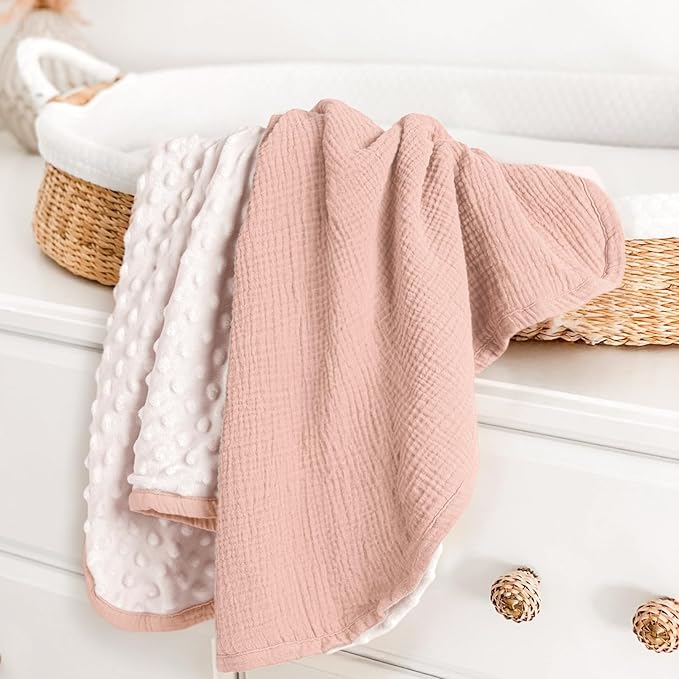 lulumoon Baby Blanket for Newborn Receiving: Minky Dot & Muslin Lightweight - Thermal Blanket Gift for Baby Shower & Hospital Welcoming 30"x40"（Pink）