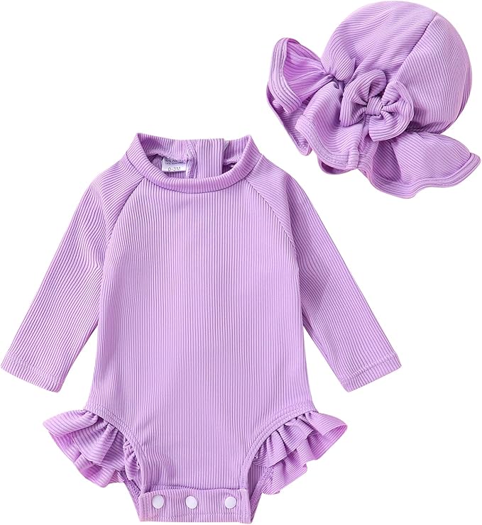 YOUNGER TREE Infant Baby Girls Swimsuit Long Sleeve Swimsuits One Piece Swimsuit Solid Color Bathing Suit with Hat, UPF 50+