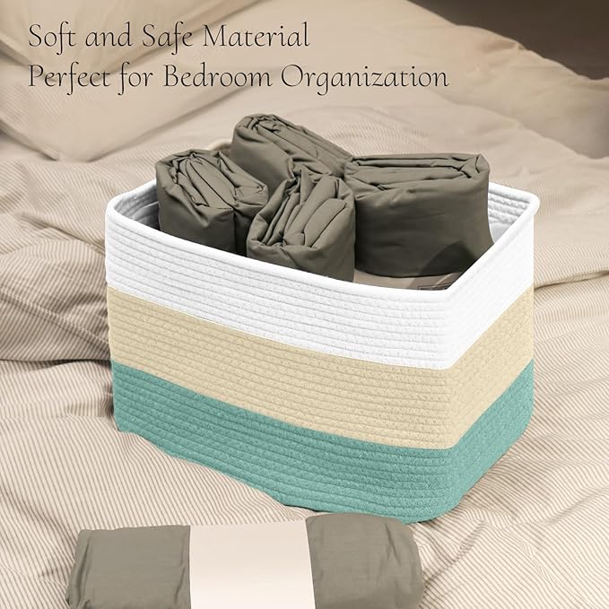Hopegiver 3 Pack Storage Baskets for Organizing with Handle, Woven Baskets for Shelves - Durable Gift Basket for Cloth Toys Books Baby, Cotton Rope Basket for Dog Cat, 15x11x10 Inch(White&Cream&Green)