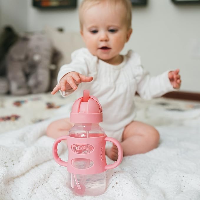 Dr. Brown's Milestones Wide-Neck Sippy Straw Bottle with 100% Silicone Handles and Weighted Straw, 9 oz/270 mL, Gray & Pink, 6m+, 2 Count (Pack of 1)