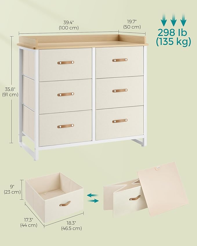 SONGMICS Kids Dresser with 6 Drawers, Boys Girls Dresser, with Water-Resistant Tabletop, Storage Organizer Cabinet, for Bedroom Hallway, Beige UGKR101K01