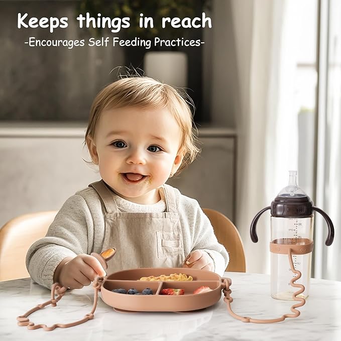 Baby Plates with Suction Silicone Baby Spoons Divided Baby Plates Silicone Baby Safety Toy Straps Baby Bottle Bungees Baby Feeding Set All-in-one-Sage