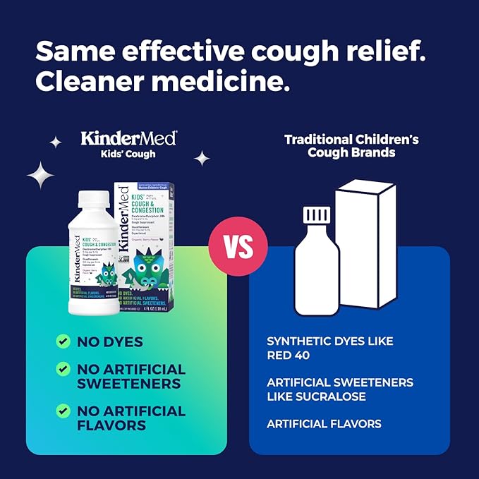 KinderMed Kids' Daytime Cough & Congestion Medicine, Ages 4-11 Years, No Dyes, No Artificial Flavors, No Artificial Sweeteners, Vegan, Non-GMO, Gluten Free, Organic Berry Flavor, 4 fl. oz (Pack of 2)