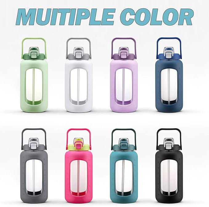 72oz Glass Water Bottle with 2-IN-1 Straw &Chug Lid, Large Motivational Glass Bottle with Capacity Marker and Silicone Sleeve, 2.1Liter Gallon Water Jug for Home, Sports, Gym, BPA Free-Green