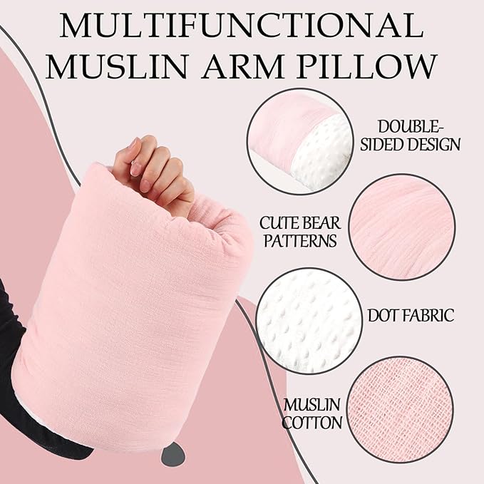Baby Feeding Arm Pillow Breastfeeding Bottle Nursing Cozy Cradle Pillow for Newborn Soft Double Sided Muslin Cotton Head Support Comfortable Feeding for Mom(Pink,Simple)