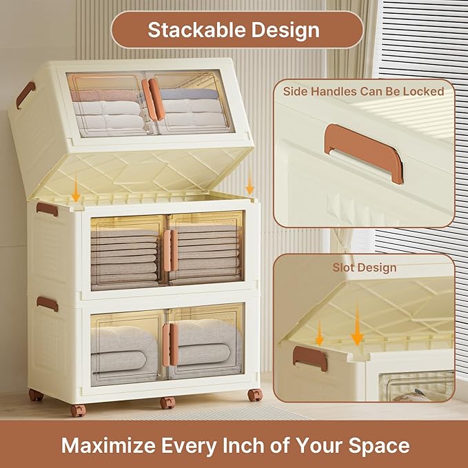 480Qt/120Gal Extra Large Stackable Storage Bins with Lids and Divider, 3Pack Collapsible Drawers with Doors, Foldable Cabinet with Wheels, Plastic Closet Organizers Containers for Home, Dorm