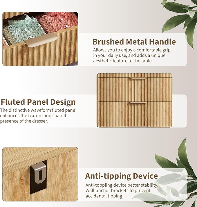 QUW Fluted 6 Drawer Dresser for Bedroom, Modern Tall Chest of Drawers with Metal Handle, Large Wood Storage Chest Organizer Accent Storage Cabinet for Living Room, Hallway, Entryway, Natural Oak