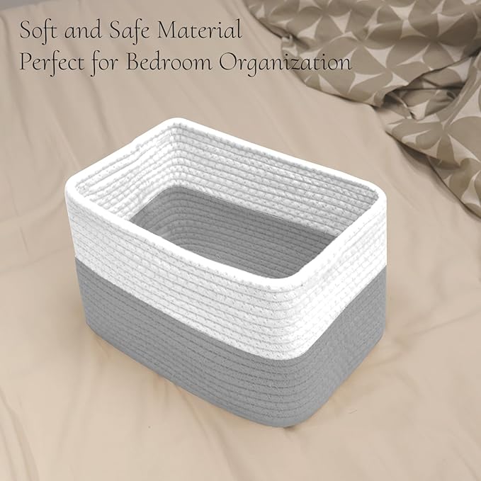 Hopegiver 3 Pack Storage Baskets for Organizing with Handle, Woven Baskets for Shelves - Durable Gift Basket for Cloth Toys Books Baby, Cotton Rope Basket for Dog Cat, 11x8x7 Inch(White&Gray)