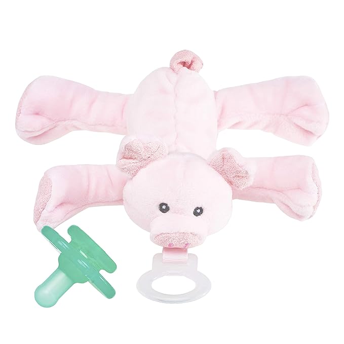 Nookums Paci-Plushies Shakies - Pacifier Holder with Built in Rattle (2 in 1)- Adapts to Name Brand Pacifiers, Suitable for All Ages, Plush Toy Includes Detachable Pacifier (Pig)