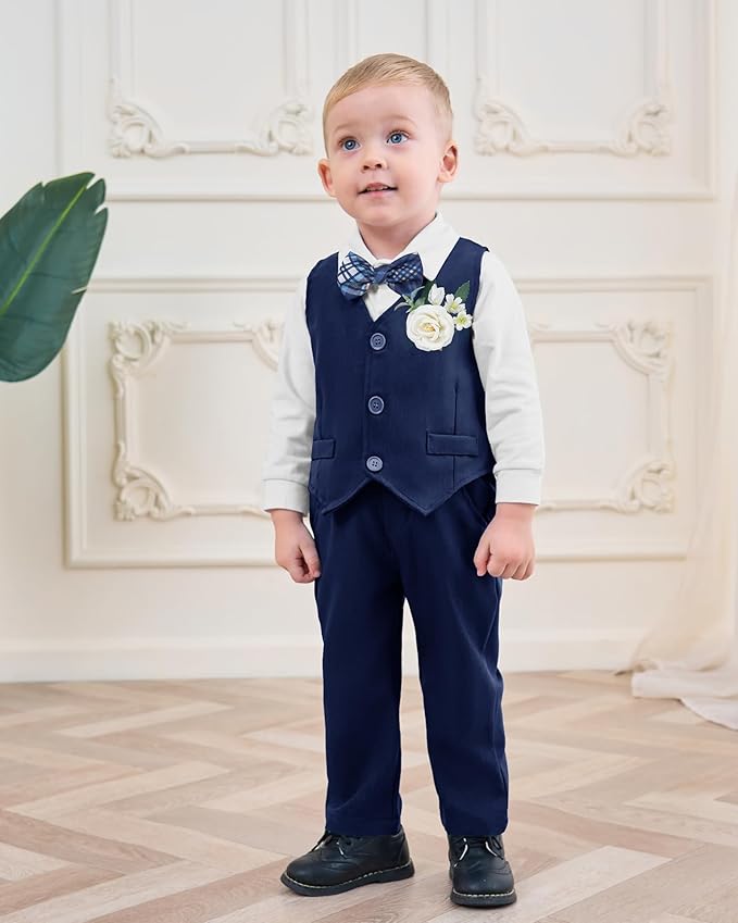 Coco&RARA Baby Boy Clothes Suits Infant Gentleman Outfits, Formal Dress Shirt+Vest+Corsage+tie+Pants Baby Suit Set 0-18M