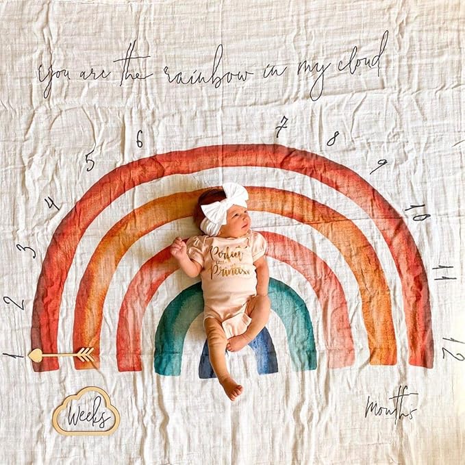 100% Organic Cotton Muslin Monthly Baby Milestone Blanket with Wooden Hello World Newborn Sign, Newborn Photography Props, Birth Announcement Sign, Rainbow