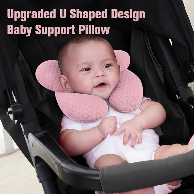 KAKIBLIN Baby Travel Pillow, Upgraded Baby Neck Pillows for Car Seat, Infant Neck Support Pillow for Head and Neck,Newborn Head Support for Car Seat,Pushchair (Pink)