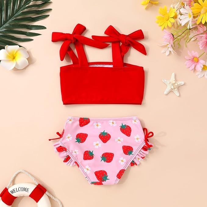 Toddler Swimsuit Girl Color Block Stripe Swimwear Baby Girl Summer Beach Bathing Suits Bikini Set with Ruffled Edges