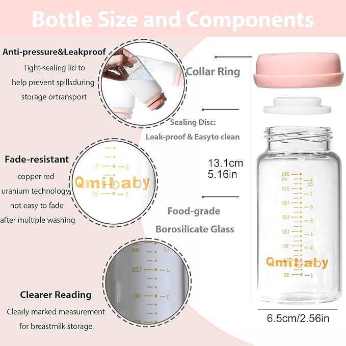 Breast Milk Storage Bottles 240ml 8oz BPA-Free Leak-Proof Baby Bottle for Breastmilk Storage Wide Neck Bottles with Screw Ring Sealing Disk Breastfeeding (Pink, 240ml-6Packs)