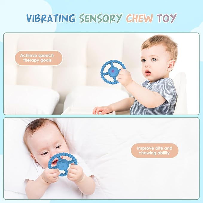 Vibrating Sensory Chew Toy, Vibrating Teether for Baby Over 6 Months, Autism Chew Toys for Kids with USB Chargeable & 3X Vibration Settings
